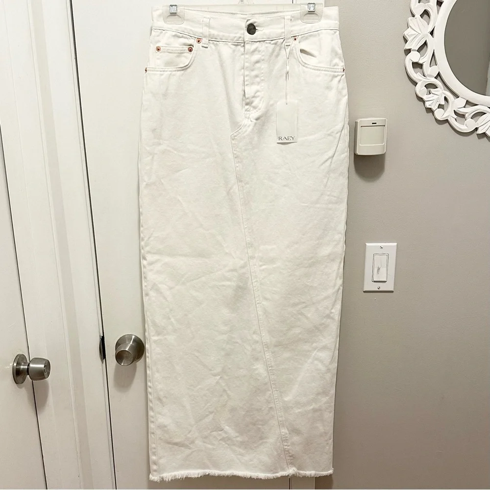 RAEY Off White Denim Maxi Skirt 6 Organic Cotton Split Back Cut Out Raw Hem